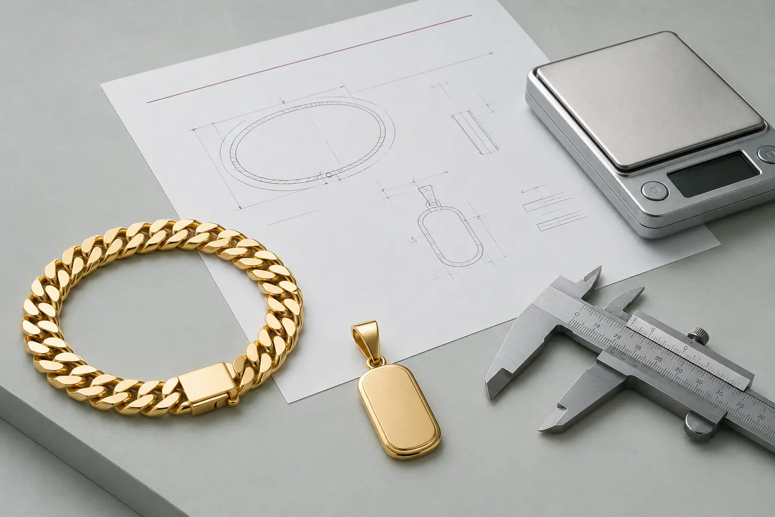 Gold jewellery beside technical drawing, scale and caliper
