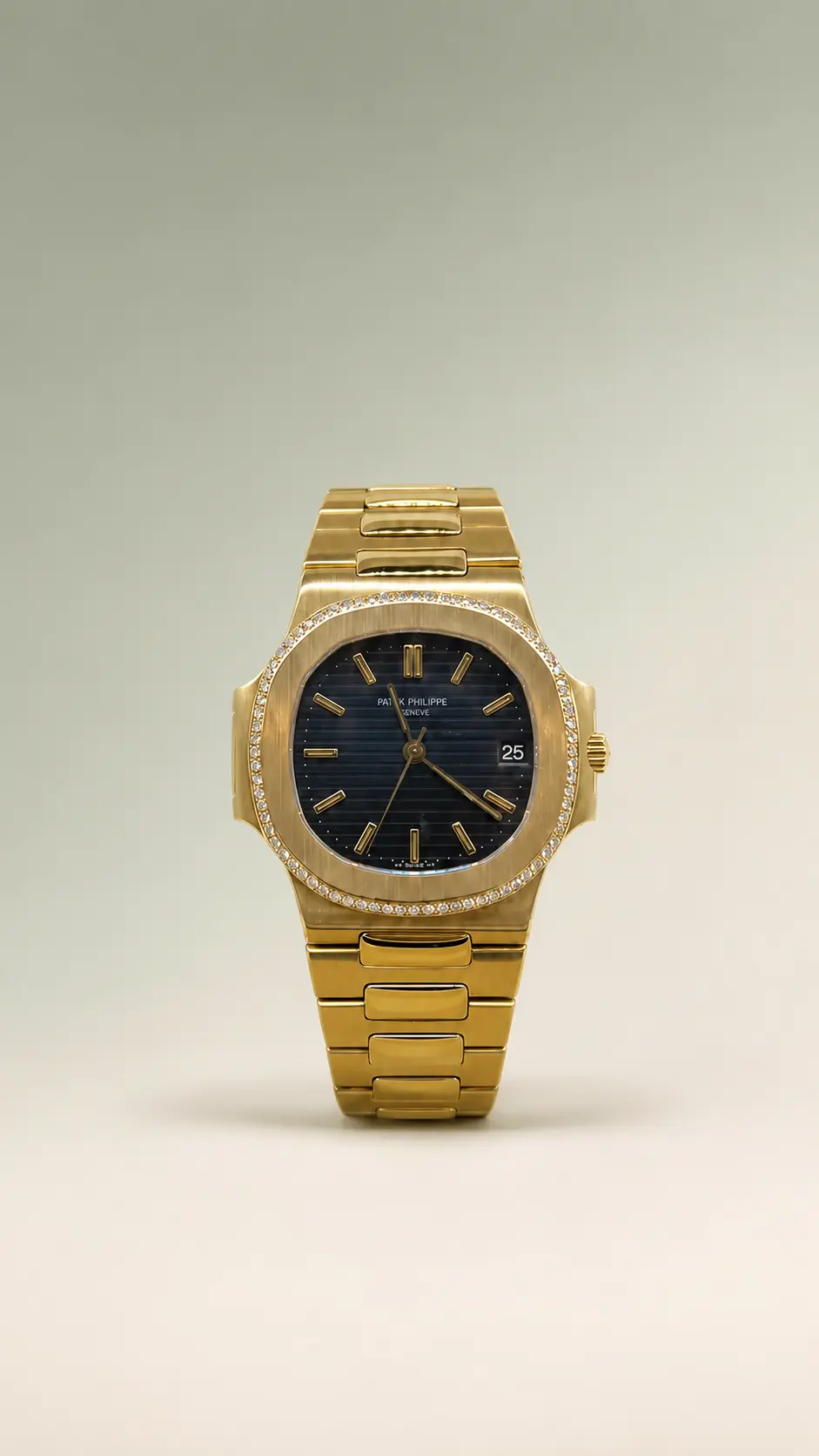Patek Philippe Nautilus in yellow gold on the VAULTRADE Fine celadon and ivory studio background